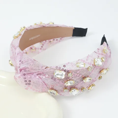 Luxury Rhinestone Mesh Sequins Knotted Headband For Women Wide Shiny Padded Hair Hoop Fashion Party Hair Accessories