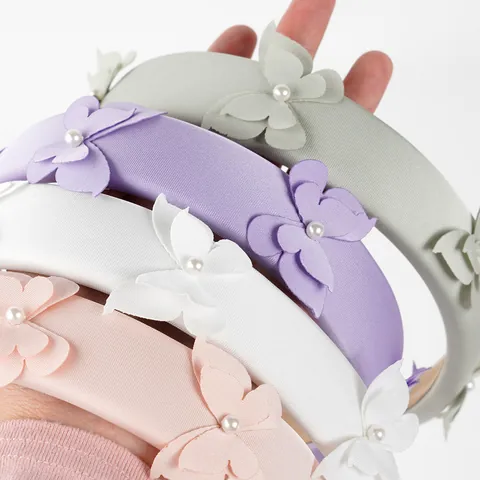 Elegante Diadema Acolchada de Esponja Para Mujer Con Mariposa 3D E Imitación de Perla Artificial Tela de Satin Retro Dulce Accesorio
