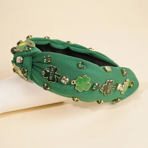 Serre-tête en Tissu Noué pour Femmes Strass Saint-Patrick Trèfle Mardi Gras Masque Accessoire de Coiffure de Fête