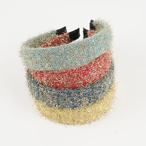 Damen Süß Glänzender Lametta Gestricktes Wollhaaresband Elegant Einfarbig Breit Elastisch Kopfband Für Gesichtswäsche Haarschmuck