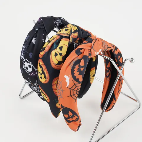 Halloween Knot Headband Pumpkin Skull Spiderweb Print Fabric Hairband For Women Party Costume Festive Headwear Accessories