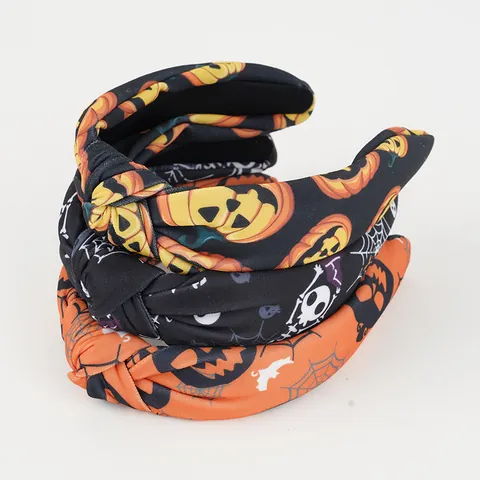 Halloween Knot Headband Pumpkin Skull Spiderweb Print Fabric Hairband For Women Party Costume Festive Headwear Accessories
