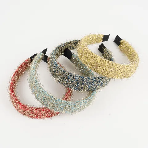 Damen Süß Glänzender Lametta Gestricktes Wollhaaresband Elegant Einfarbig Breit Elastisch Kopfband Für Gesichtswäsche Haarschmuck