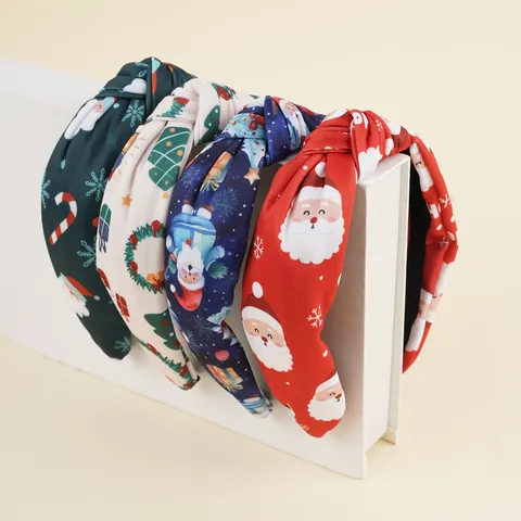 Serre-tête Large Noué de Noël pour Femmes Filles Imprimé Père Noël Flocon de Neige Tissu Bandeau Cheveux Décoration de Fête