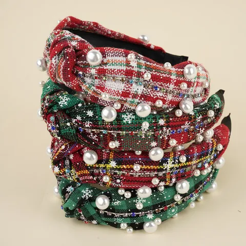 Cerchietto Natalizio Plaid Annodato Strass Fiocco di Neve Perla Artificial Fascia per Capelli per Donna Inverno Vacanze Accessori Capelli