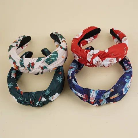 Serre-tête Large Noué de Noël pour Femmes Filles Imprimé Père Noël Flocon de Neige Tissu Bandeau Cheveux Décoration de Fête