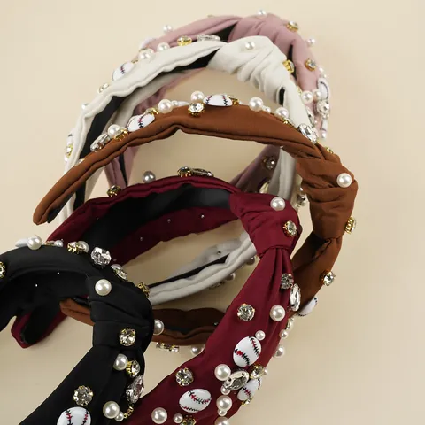 Women's Sports Style Knotted Fabric Headband With Baseball Pattern Artificial Pearl Rhinestone Decoration Fashion Hair Accessory