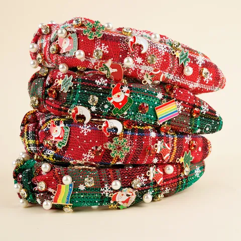 Christmas Wide Knot Headband With Artificial Pearls Rhinestones Fabric Plaid Hair Band For Women Festive Holiday Party Hair Accessories