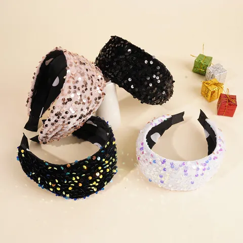Fashion Shiny Sequin Wide Brim Headband For Women Sweet Velvet Padded Hair Hoop Non-Slip Party Festival Hair Accessories