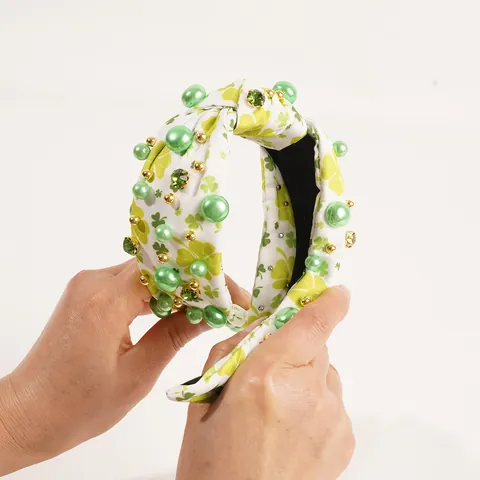Serre-tête Noué Saint-Patrick pour Femmes Imprimé Trèfle Vert Avec Künstliche Perles et Strass Accessoires de Cheveux Festifs Coiffe de Vacances