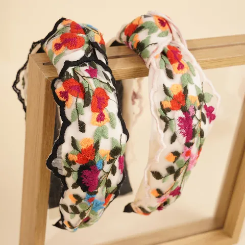 Ethnisch Blumen Bestickt Netz Geknotet Stirnband Retro Breit Spitze Haarband Für Damen Vintage Blumenmuster Haarschmuck
