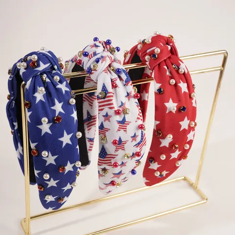 Women Patriotic US Flag Stars Stripes Knotted Headband Fabric Pearl Rhinestone Hairband Independence Day Party Hair Accessory
