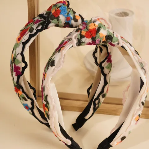 Ethnisch Blumen Bestickt Netz Geknotet Stirnband Retro Breit Spitze Haarband Für Damen Vintage Blumenmuster Haarschmuck