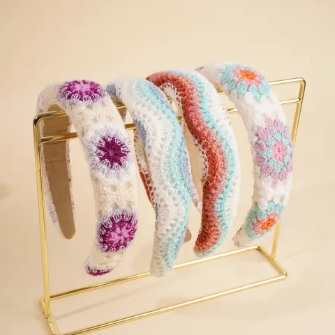 Bohemian Handmade Crochet Knitted Padded Headband For Women Ethnic Flower Wave Pattern Soft Yarn Sponge Wide Hair Band