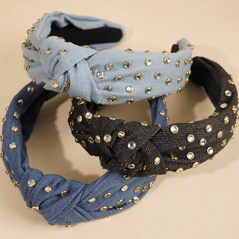 Vintage Denim Knotted Headband For Women With Rhinestone Embellishment Retro Fashion Wide Hair Band Styling Accessory
