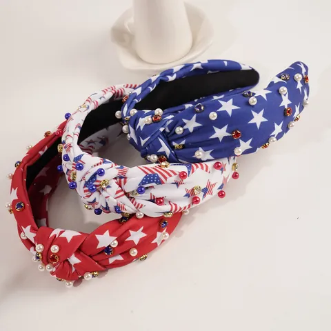 Women Patriotic US Flag Stars Stripes Knotted Headband Fabric Pearl Rhinestone Hairband Independence Day Party Hair Accessory