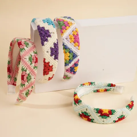 Böhmische Handgefertigte Häkel Strick Stirnbänder Für Frauen Blumige Oma Quadrat Breite Haarbänder Vintage Pastoral Haarschmuck