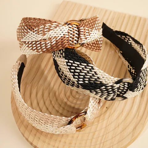 Bohemian Braided Raffia Wide Headband For Women With Resin Ring Vintage Knotted Non-Slip Hair Hoop Beach Travel Hair Accessories
