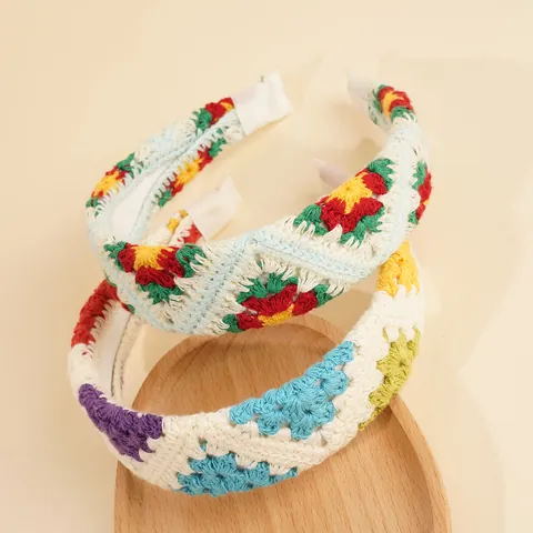 Böhmische Handgefertigte Häkel Strick Stirnbänder Für Frauen Blumige Oma Quadrat Breite Haarbänder Vintage Pastoral Haarschmuck