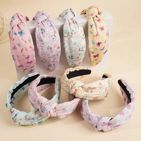 French Vintage Floral Butterfly Print Knot Headband For Women Sweet Fresh Fabric Padded Wide Hair Band Accessories