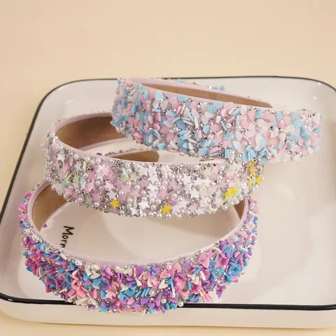 Sweet Candy Color Rhinestone Faux Pearl Wide Headband For Women Girls Heart Star Pattern Non-Slip Hair Hoop Accessory