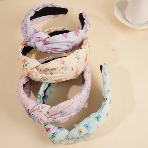 French Vintage Floral Butterfly Print Knot Headband For Women Sweet Fresh Fabric Padded Wide Hair Band Accessories