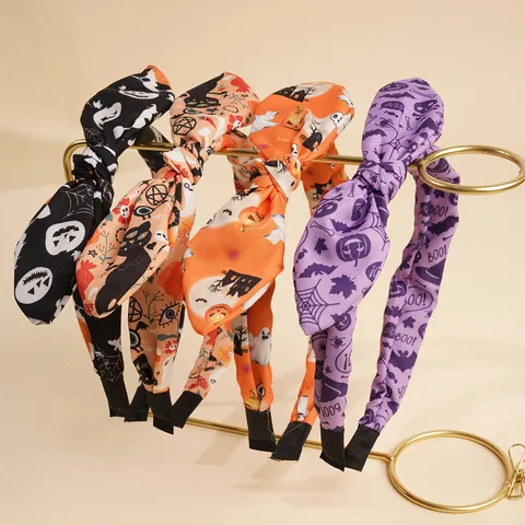 Halloween Pumpkin Bat Ghost Print Fabric Bow Headband For Women Girls Party Holiday Hair Accessories Headwear