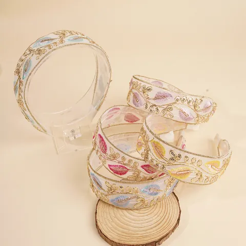 Bohemian Leaf Embroidery Wide Headband For Women Organza Ethnic Style Non-Slip Hair Hoop With Sequins Floral Pattern Accessory