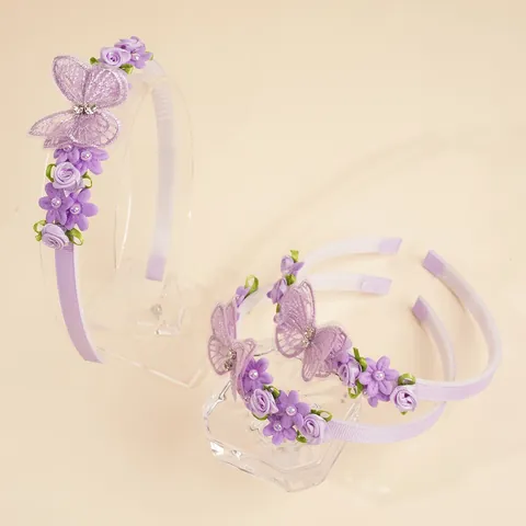 Sweet Purple Butterfly Flower Headband For Girls Non-Slip Hair Band With Teeth Fabric Rose Lace Butterfly Rhinestone Pearl Hair Accessories