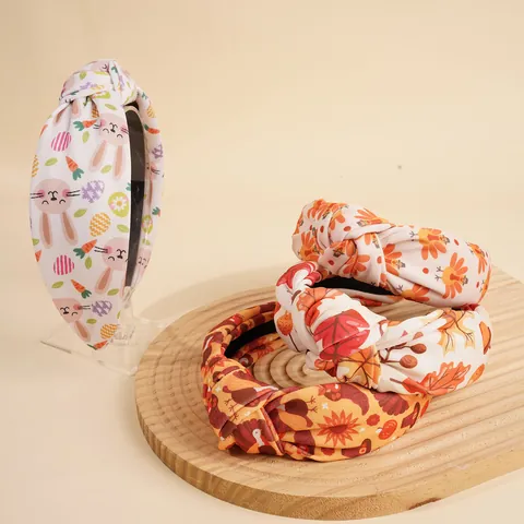 Serre-tête Noué pour Femme en Tissu Motif Dindon Action de Grâce Feuille d'Érable Lapin de Pâques Large Bande de Cheveux Accessoires de Vacances
