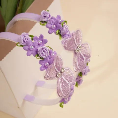 Sweet Purple Butterfly Flower Headband For Girls Non-Slip Hair Band With Teeth Fabric Rose Lace Butterfly Rhinestone Pearl Hair Accessories