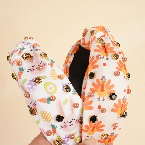 Cerchietto a Tesa Larga con Nodo da Donna Giorno del Ringraziamento Tacchino Foglia di Acero Pasqua Coniglio Strass Perla Artificial