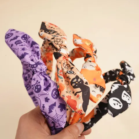 Halloween Pumpkin Bat Ghost Print Fabric Bow Headband For Women Girls Party Holiday Hair Accessories Headwear