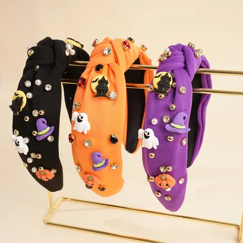 Halloween Knotted Headband Fabric Rhinestone Faux Artificial Pearl Pumpkin Ghost Wizard Hat Hair Accessory For Women Holiday Decor