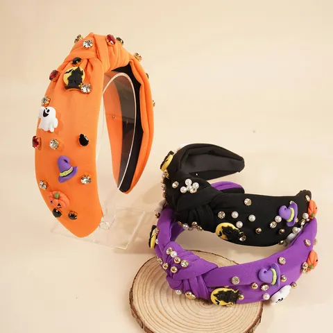 Halloween Knotted Headband Fabric Rhinestone Faux Artificial Pearl Pumpkin Ghost Wizard Hat Hair Accessory For Women Holiday Decor