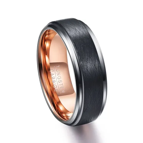 Bague en Carbure de Tungstène pour Hommes Noir Brossé et Or Rose Poli Bicolore Minimaliste Industriel Mariage Bijoux