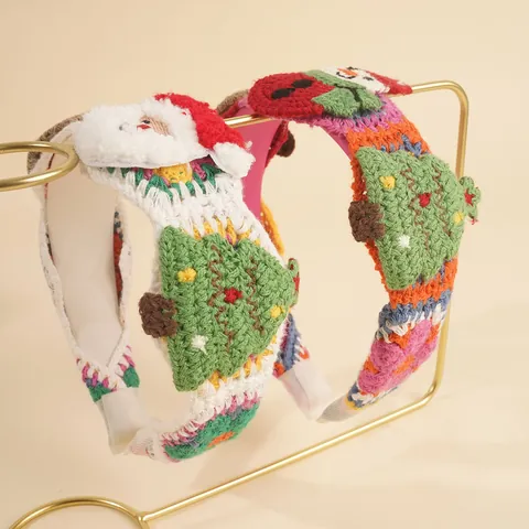 Christmas Crochet Knitted Headband Handmade Santa Claus Snowman Reindeer Pattern Woolen Yarn Wide Hair Band Party Accessories