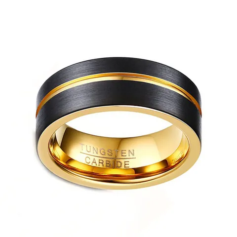 Bague Pour Homme En Carbure De Tungstène Noir Brossé Et Or Design Bicolore Bande Intérieure Polie Bijoux De Mode Masculine