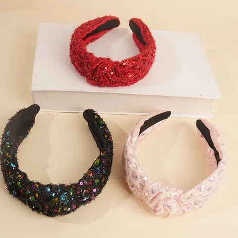 Fascia Larga con Nodo e Paillettes alla Moda Cerchietto Antiscivolo in Tessuto Glitterato per Donna Festa Accessori Capelli