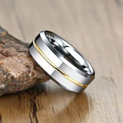 Minimalist Tungsten Steel Ring For Men Beveled Edge Grooved Band Gold Silver Black Blue Inlay Polished Fashion Jewelry Wedding Anniversary Gift