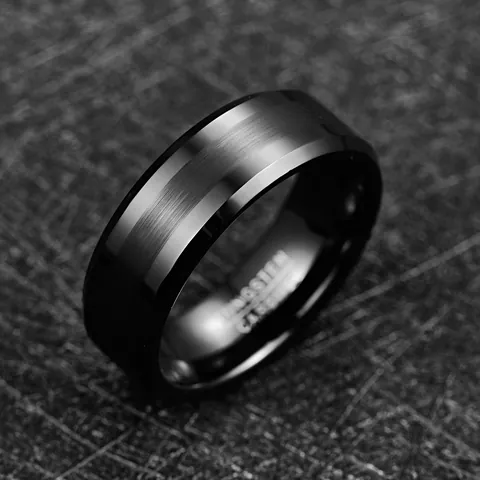 Bague Homme en Carbure de Tungstène Noir Finition Brossée Bord Poli Anneau Confort Fit Mariage Fiançailles Bijoux Style Industriel
