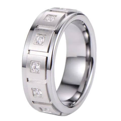 Men Tungsten Gold And Stainless Steel Ring With Zirconia Brushed Polished Square Setting Minimalist Band Jewelry