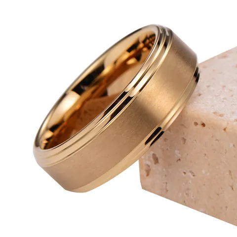 Men's Tungsten Steel Band Ring Matte Brushed Center Polished Beveled Edge Gold Plated Wedding Engagement Fashion Jewelry