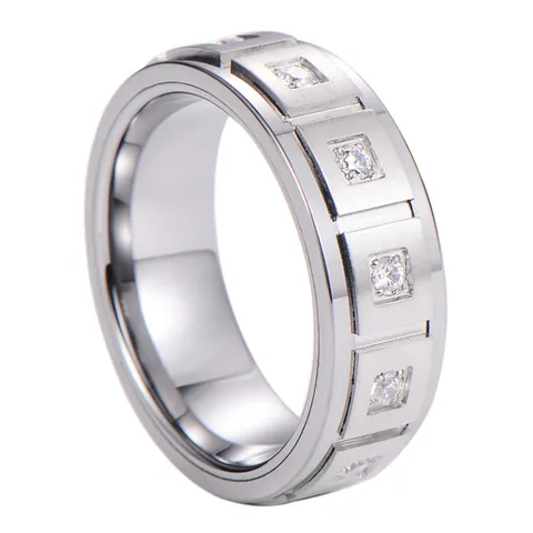 Men Tungsten Gold And Stainless Steel Ring With Zirconia Brushed Polished Square Setting Minimalist Band Jewelry