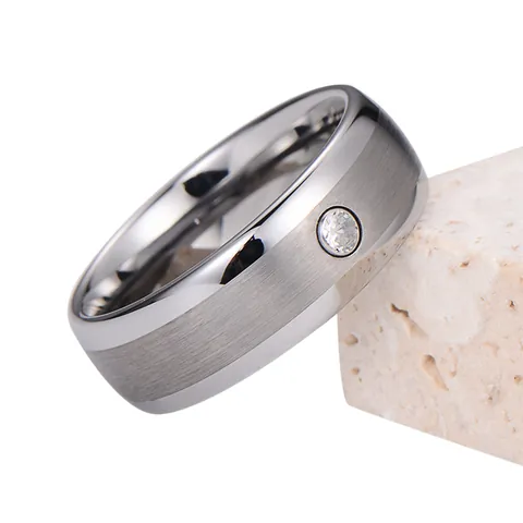 Men Tungsten Steel Ring Minimalist Brushed Finish Single Zirconia Inlaid Wide Band Fashion Jewelry For Men Daily Birthday Gift