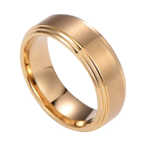 Men's Tungsten Steel Band Ring Matte Brushed Center Polished Beveled Edge Gold Plated Wedding Engagement Fashion Jewelry