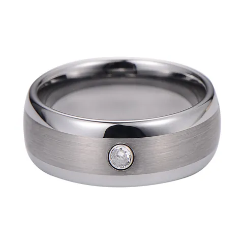 Men Tungsten Steel Ring Minimalist Brushed Finish Single Zirconia Inlaid Wide Band Fashion Jewelry For Men Daily Birthday Gift