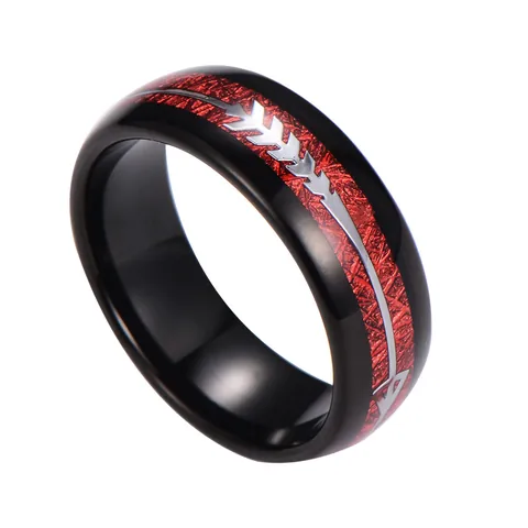 Fashion Men Tungsten Carbide Ring Black Polished Band Red Textured Inlay Silver Arrow Design Hardness Durable Jewelry Minimalist Accessory