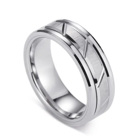 Anello da Uomo in Acciaio al Tungsteno Industriale Minimalista Fascia in Metallo Spazzolato Scanalature Diagonali Gioielli Moda
