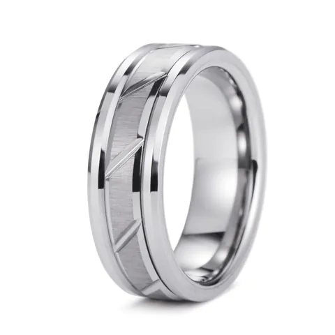 Anello da Uomo in Acciaio al Tungsteno Industriale Minimalista Fascia in Metallo Spazzolato Scanalature Diagonali Gioielli Moda